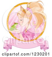 Clipart Of A Fairy Tale Princess Kissing A Frog Prince In A Pink Ray Circle With A Banner Royalty Free Vector Illustration