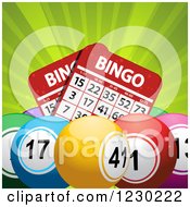 Clipart Of 3D Bingo Balls And Cards Over Green Rays Royalty Free Vector Illustration