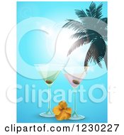 Poster, Art Print Of Martinis With A Hibiscus And Palm Tree Over A Blue Sky