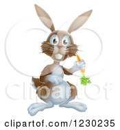 Clipart Of A Happy Brown Bunny Rabbit Waving With A Carrot Royalty Free Vector Illustration