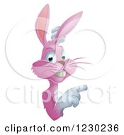 Clipart Of A Pink Bunny Pointing Around A Sign Royalty Free Vector Illustration