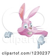 Clipart Of A Pink Bunny Pointing Down At A Sign Royalty Free Vector Illustration