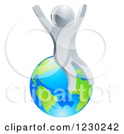 3d Silver Man Cheering And Sitting On Earth