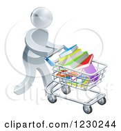 3d Silver Man Pushing A Shopping Cart Full Of Books