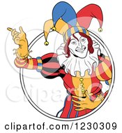 Clipart Of A Presenting Joker In A Circle Royalty Free Vector Illustration by Frisko