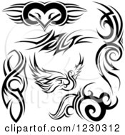 Poster, Art Print Of Black And White Tribal Winged Heart Swan And Tattoo Designs