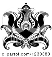 Clipart Of A Black And White Henna Lotus Flower Royalty Free Vector Illustration