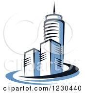 Clipart Of Blue Skyscraper Buildings With Swooshes Royalty Free Vector Illustration