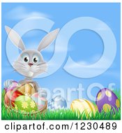 Clipart Of A Gray Bunny With A Basket And Easter Eggs In Grass Royalty Free Vector Illustration