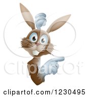 Clipart Of A Happy Brown Bunny Rabbit Looking Around And Pointing At A Sign Royalty Free Vector Illustration