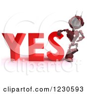 Clipart Of A 3d Red Android Robot Leaning On YES Royalty Free Illustration