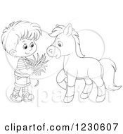 Poster, Art Print Of Happy Outlined Boy Feeding A Horse Hay
