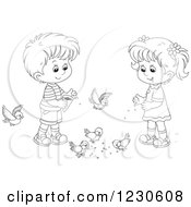 Poster, Art Print Of Outlined Children Feeding Birds