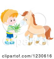 Poster, Art Print Of Happy Caucasian Boy Feeding A Horse Hay