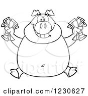 Poster, Art Print Of Outlined Rich Pig Holding Cash Money
