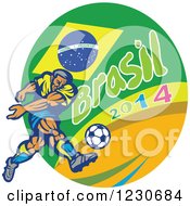 Clipart Of A Soccer Player Kicking Over A Brazilian Flag And 2014 Royalty Free Vector Illustration