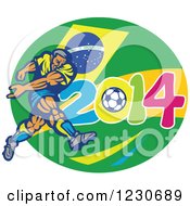 Clipart Of A Soccer Player Kicking Over A Brazilian Flag And 2014 Royalty Free Vector Illustration