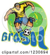 Poster, Art Print Of Soccer Player Kicking Over Brazil Text On Green