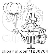 Clipart Of A Line Art Girls Fourth Birthday Cupcake With A Pony And Balloons Royalty Free Vector Illustration by Dennis Holmes Designs