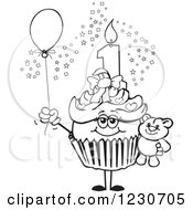 Poster, Art Print Of Line Art Girls First Birthday Cupcake With A Teddy Bear And Balloon