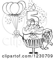 Poster, Art Print Of Line Art Girls Fifth Birthday Cupcake With A Mermaid And Balloons