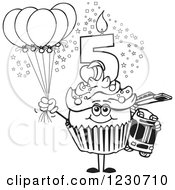 Poster, Art Print Of Line Art Boys Fifth Birthday Cupcake With A Fire Engine And Balloons