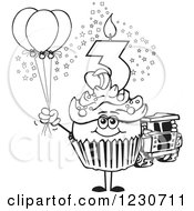 Poster, Art Print Of Line Art Boys Third Birthday Cupcake With A Toy Truck And Balloons