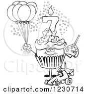 Poster, Art Print Of Line Art Girls Seventh Birthday Cupcake With A Remote Control Car And Balloons