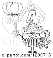 Poster, Art Print Of Line Art Boys Fourth Birthday Cupcake With A Dinosaur And Balloons