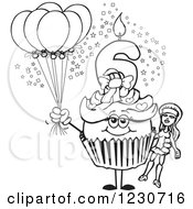 Poster, Art Print Of Line Art Girls Sixth Birthday Cupcake With A Doll And Balloons