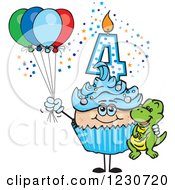 Clipart Of A Blue Boys Fourth Birthday Cupcake With A Dinosaur And Balloons Royalty Free Vector Illustration