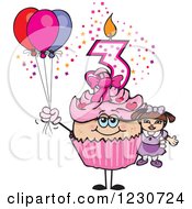 Poster, Art Print Of Pink Girl Third Birthday Cupcake With A Doll And Balloons