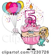 Poster, Art Print Of Pink Girls Fifth Birthday Cupcake With A Mermaid And Balloons