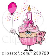 Poster, Art Print Of Pink Girls First Birthday Cupcake With A Teddy Bear And Balloon