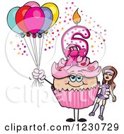Clipart Of A Pink Girls Sixth Birthday Cupcake With A Doll And Balloons Royalty Free Vector Illustration