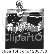 Poster, Art Print Of Black And White Woodcut Fish Under Jesus Walking On Water