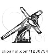 Clipart Of A Black And White Woodcut Jesus Christ Carrying A Cross Royalty Free Vector Illustration by xunantunich #COLLC1230734-0119
