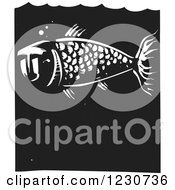 Poster, Art Print Of Black And White Woodcut Fish With A Human Face