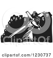 Clipart Of A Black And White Woodcut Crowd And Jesus Bearing The Cross Royalty Free Vector Illustration