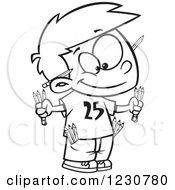 Clipart Of A Line Art Cartoon Boy Prepared With Pencils Royalty Free Vector Illustration