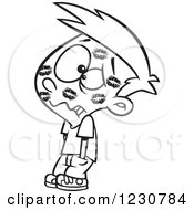 Clipart Of A Line Art Cartoon Boy Covered In Lipstick Kisses Royalty Free Vector Illustration