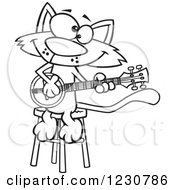 Clipart Of A Line Art Cartoon Cat Playing A Banjo Royalty Free Vector Illustration