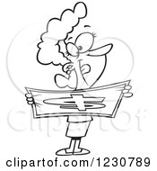 Clipart Of A Line Art Cartoon Happy Woman Stretching A Dollar Royalty Free Vector Illustration