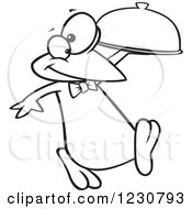 Clipart Of A Line Art Cartoon Penguin Waiter With A Cloche Platter Royalty Free Vector Illustration