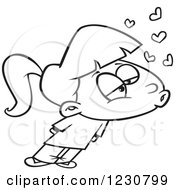 Clipart Of A Line Art Cartoon Girl With Hearts And Puckered Lips Royalty Free Vector Illustration