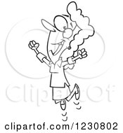 Clipart Of A Line Art Cartoon Happy Woman Jumping Royalty Free Vector Illustration
