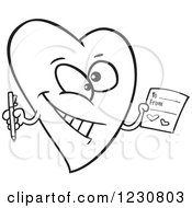 Clipart Of A Line Art Cartoon Heart Character Holding A Valentine Royalty Free Vector Illustration by toonaday