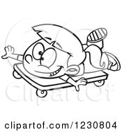 Clipart Of A Line Art Cartoon Girl Playing On A Scooter Board Royalty Free Vector Illustration