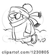 Clipart Of A Line Art Cartoon Boy Trudging Through Snow Royalty Free Vector Illustration