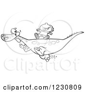 Poster, Art Print Of Line Art Cartoon Boy Riding On A Pet T Rex Dinosaur